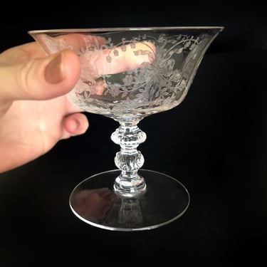 20's/30's Depression CHAMPAGNE Glass Vintage Antique Clear Glass Florals & Bows Design Wine Drinking Dish 1920's, 1930's Art Deco Barware 