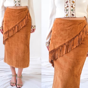 Vintage 80s Melanzona Caramel Suede Asymmetrical Fringe High Waisted Skirt | 100% Genuine Leather | 1980s Designer Fringe Leather Skirt 