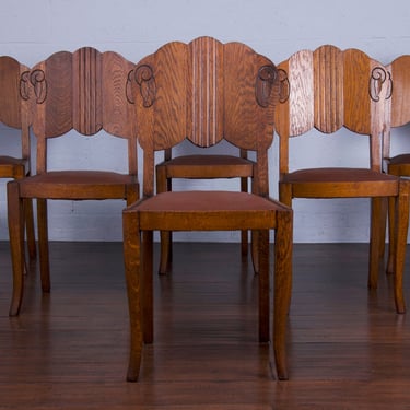 1930s French Art Deco Oak Dining Chairs W/ Vinyl - Set of 6 