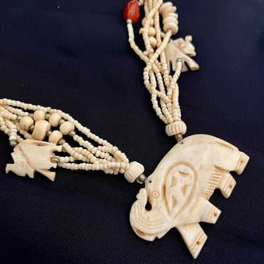 Carved Bone Necklace, Elephant, Chunky Beads, Natural Stone, Tribal Ethnic, Boho Bohemian, Vintage 