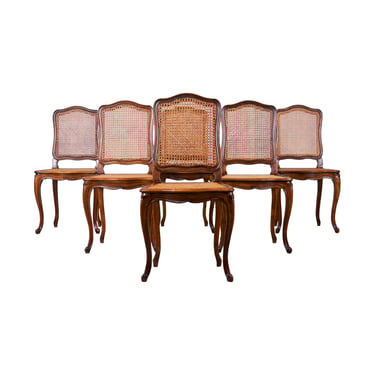 Antique French Louis XV Style Provincial Walnut Wood Cane Dining Chairs - Set of 6 