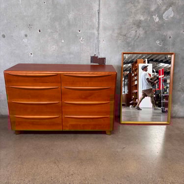 Vintage Heywood Wakefield Mid Century Modern Solid Wood Dresser & Mirror
