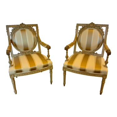 Antique Carved French Louis XVI Style Lounge Chairs Pair