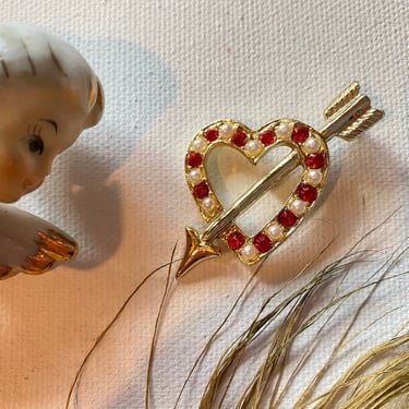Vintage Rhinestone Valentine's Heart Brooch, Red Rhinestones, Faux Pearls, Heart With Arrow, Costume Jewelry Heart Pin, Love 