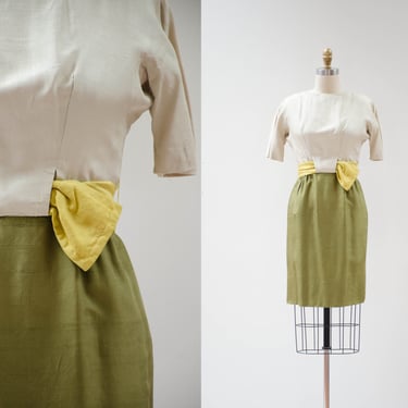 green silk dress | 50s 60s vintage dupioni silk beige mustard yellow green short fitted pencil wiggle dress 