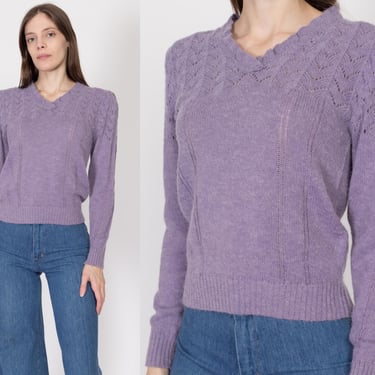 Medium 70s Purple Eyelet Knit Sweater | Vintage Puff Sleeve Retro Pullover Jumper 