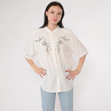 Vintage Floral Embroidered Blouse 90s White Button Up Shirt Short Sleeve Top 1990s Mandarin Collar Rayon Oversized Medium 