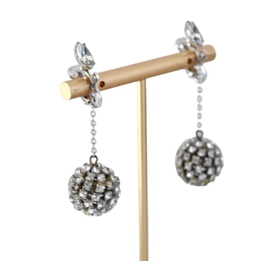 1950s Diamante Rhinestone Ball Drop Dangle Clip On Earrings - 50s Ball Drop Earrings - 50s Rhinestone Earrings - 50s Cocktail Earrings 
