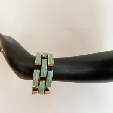 Vintage 50s 60s Mod Bracelet | Chunky Links with Aqua Turquoise Enamel over Gold Tone Cast Metal | Rockabilly Pin Up Jewelry Accessory | 