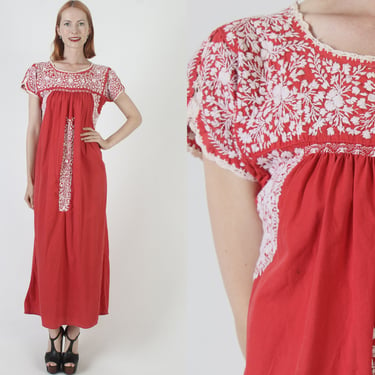 Mexican All White Heavily Embroidered Cotton Red Oaxacan Fiesta Dress 