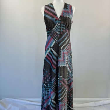 1970s Metallic Abstract Print Long Dress 