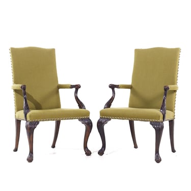 Baker Stately Homes Style Carved Mahogany Lounge Arm Chairs - Pair 