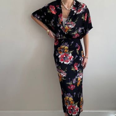 Linda Allard Ellen Tracy Vintage 90s Silk Floral Blouse and Wrap Skirt Set - Black