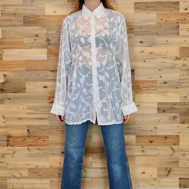 Sheer White Flowers and Hearts Long Sleeve Blouse 