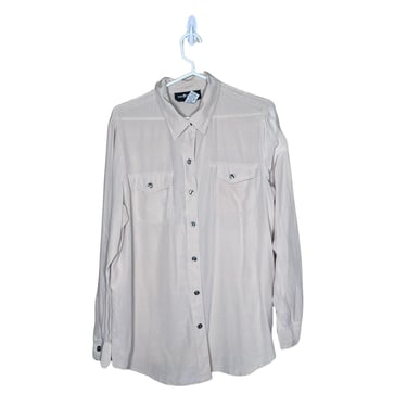 Vintage Sag Harbor Sand Beige Plus Size Silk Button Down Blouse Shirt, Size 16 