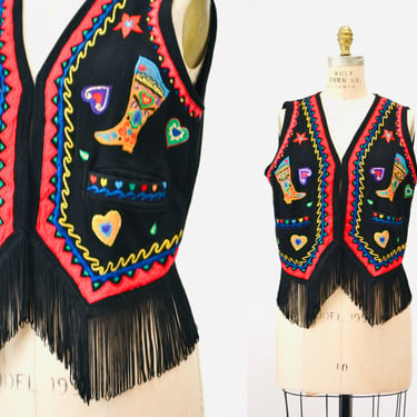 80s 90s Vintage Black Fringe Vest Western Cowgirl Rodeo Fringe Vest// Vintage Black Fringe Western Rodeo Cowgirl Vest Size Medium Large 