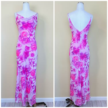 1990s Vintage Pink Romantic Bias Cut Dress / 90s Floral Poly Chiffon Water Color Maxi Gown / Size Small - Medium 