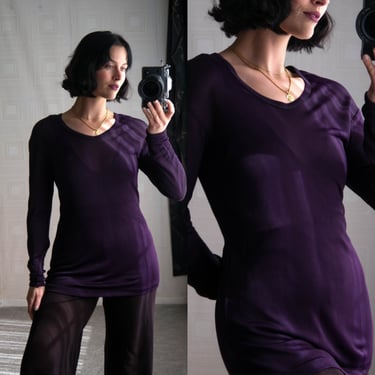 90s Shadows Int'l Studio Aubergine Pullover Sheer Knit Rayon Blend Longline Top | 1990s 90s SIS Designer Long Sleeve Sweater Blouse 