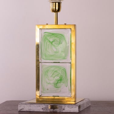 Handmade collectible Italian table lamp Murano glass bricks green and clear glass and brass base Made in Italy 