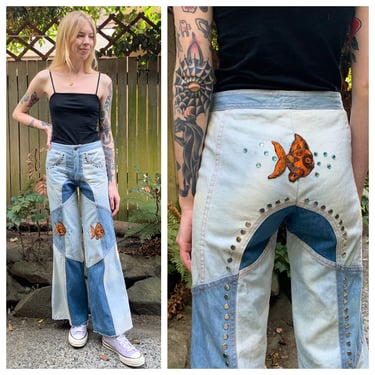 70s patchwork studded fish bell bottoms 