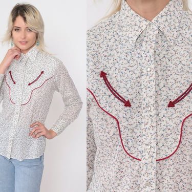 Floral Western Blouse 70s Wrangler Pearl Snap Shirt White Smile Pocket Button up Long Sleeve Cowboy Rodeo Vintage 1970s Extra Small xs 