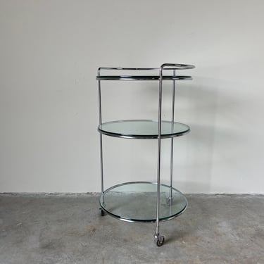 70's Mid- Century Three - Tier Round Chrome Rolling Cocktail Bar Serving Cart With Glass Shelves 