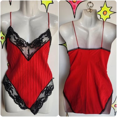 Vintage | Red Sexy Devil Vampire Goth Lace Teddy Lingerie Bodysuit | Size Small 