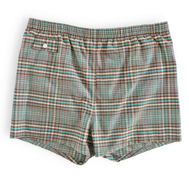 vintage plaid shorts / 60s swim shorts / 1960s blue brown plaid elastic waist swim trunks shorts Large 