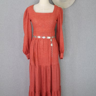 1970s Prairie Dress- Boho Maxi- Cottage Core- Peasant Dress- Rust, Orange, Persimmon 