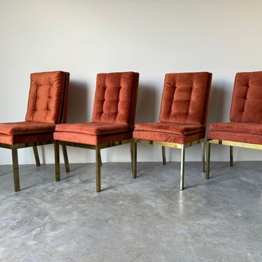 Set Of Four Mid- Century  Brass & Orange Velvet Chenille Dining Chairs by Milo Baughman for DIA 