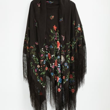 Vintage Silk Floral Embroidered Piano Shawl