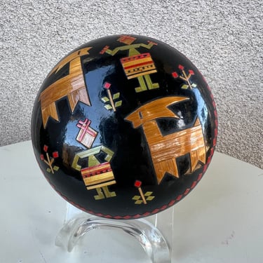 Vintage USSR Russian black lacquer round box wood inlay animal theme size 