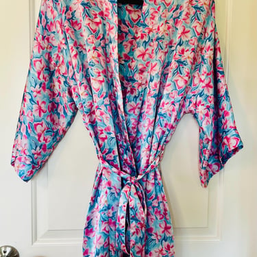 1990s Nordstrom Lingerie pink and blue floral satin robe 