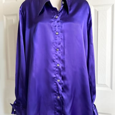 Purple Satin Oversized Blouse Shirt Dress, Leon Max, XL, Vintage 1980's, 1990's Max Studio, Tunic 