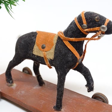 Antique 1800's Small German Horse Pull Toy, Vintage Victorian, Wooden Platform, Glass Eyes, Germany 