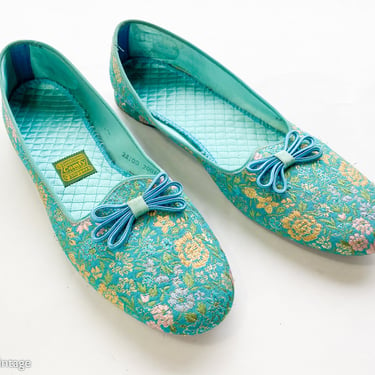 1950s Turquoise Brocade Slippers | 50s Blue & Gold Brocade Shoes | Daniel Green |  Size 12 