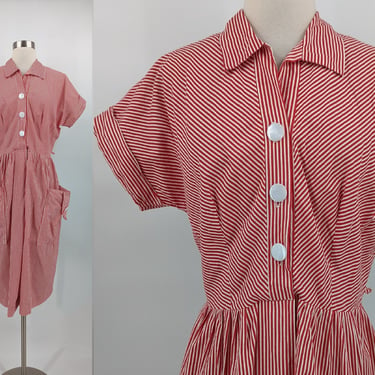 Vintage 40s Red and White Striped Short Sleeve Button Front Shirtwaist Dress with Pockets - Large 