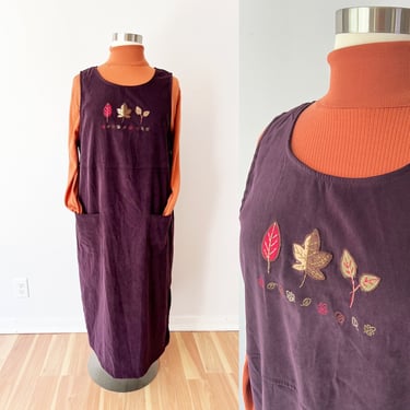 SIZE 2X  Vintage Plum Purple Jumper Dress - Overall Pinafore Dress Scoop Neck - Autumn Fall Leaf Embroidered Sleeveless Pockets 