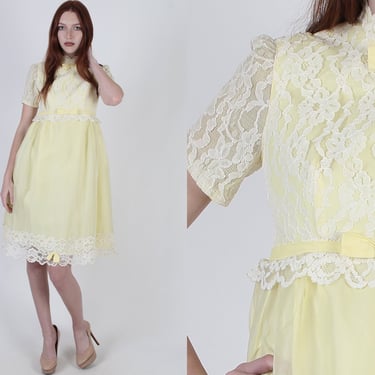 60s Canary Yellow Chiffon Dress Sheer Floral Scallop Lace Wedding Party Mini 