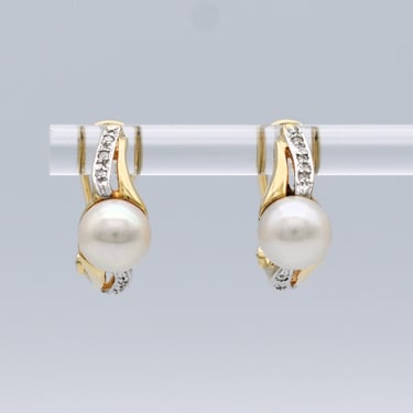 60's 14k gold pearl diamonds omega back earrings, elegant DC 585 yellow gold bling swoop half hoops 
