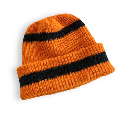 vintage beanie / striped beanie / 1970s orange striped ribbed acrylic knit beanie watch cap 