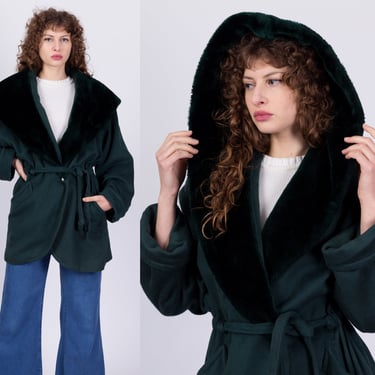 Vintage Emerald Green Plush Hooded Coat - Small | 80s Lorovi Button Up Belted Winter Jacket 