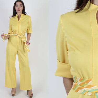 70s Marigold Disco Utility Jumpsuit, Vintage Striped Coverall Lounge Suit, 1970's Bell Bottom Palazzo Playsuit Large 