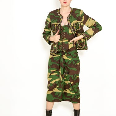 Moschino Couture Camouflage 3 Pc Skirt, Jacket, & Corset Set 