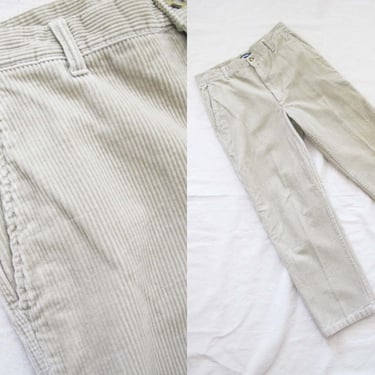 Vintage 90s Beige Corduroy Pants 32 -  Pleated High Waist Trousers - Preppy Academia Neutral Unisex Cord Straight Leg Pants 