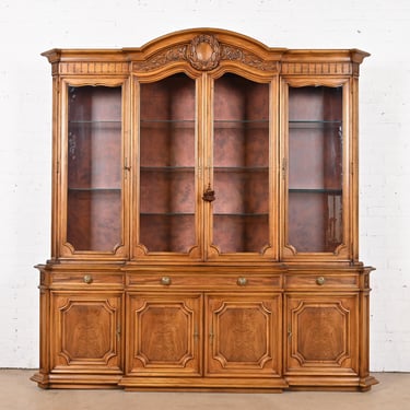 Karges French Regency Louis XVI Burled Walnut Lighted Breakfront Bookcase Cabinet, Circa 1960s