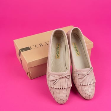 Vintage 80s COLE HAAN Pale Pink Woven Leather Kiltie Tie Loafer Size 8N with Original Box 
