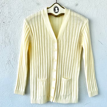 Vintage 1970s Boho Cardigan Ribbed Sweater // 70s White Knit Minimalist Shirt 