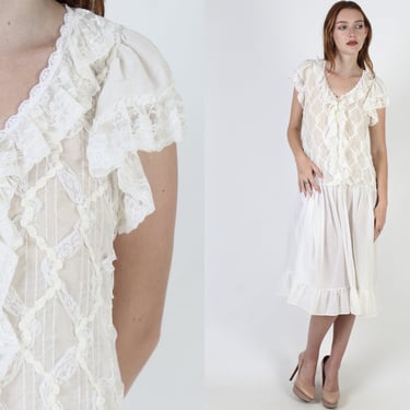 Romantic Country See Through Dress, Sheer Ivory Floral Lace, Vintage 1980s Drop Waist Prairie Dress Medium 