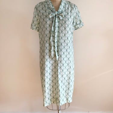 Pale Green Geometric and Floral Print Dress - 1970s 